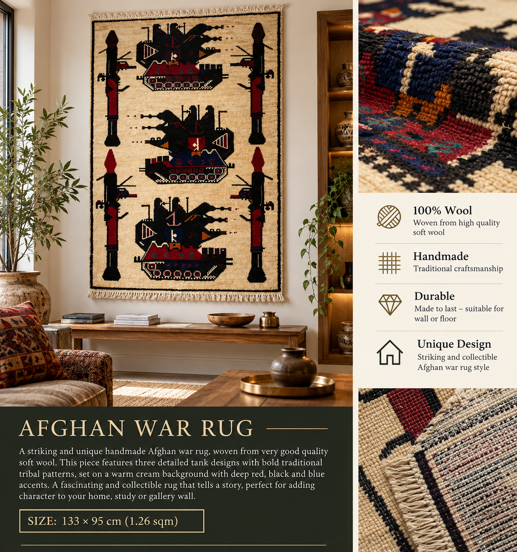 Handmade Afghan War Rug – 100% soft wool- 133x95 cm